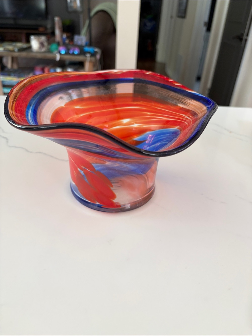 Source Unknown Red and Blue Swirled Art Glass Vase